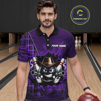 Custom Purple Funny Cowboy Gun Bowling Shirt for Men Bowling Team Jersey Bowling Polo & Quarter-Zip QZT915