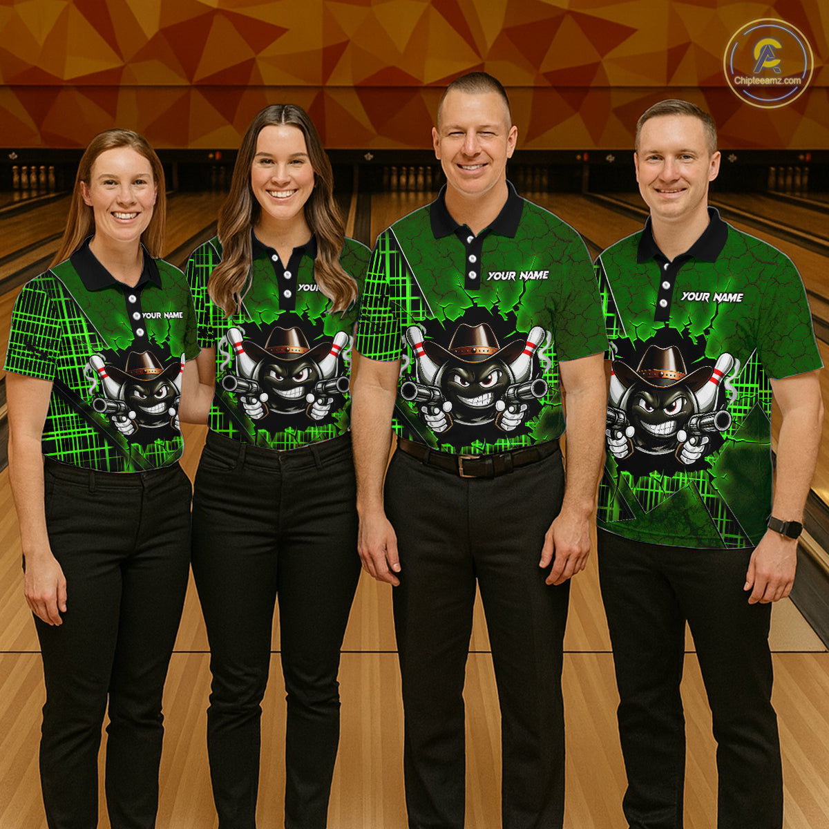 Custom Green Funny Cowboy Gun Bowling Shirt for Women Bowling Team Jersey Bowling Polo & Quarter-Zip  QZT915