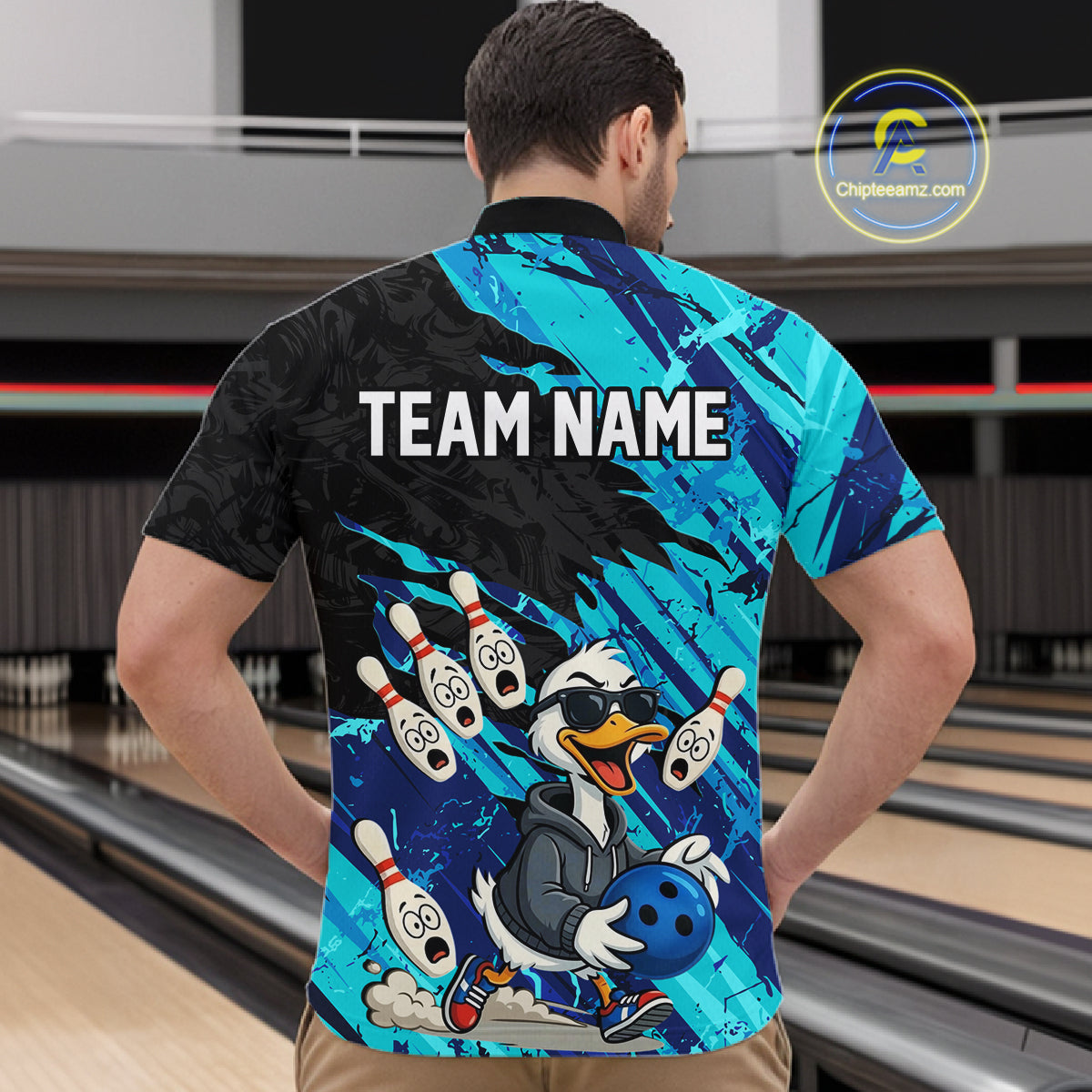 Cyan Funny Duck Bowling Shirt for Men Custom Bowling Team Jersey Bowling League Polo & Quarter-Zip QZT944