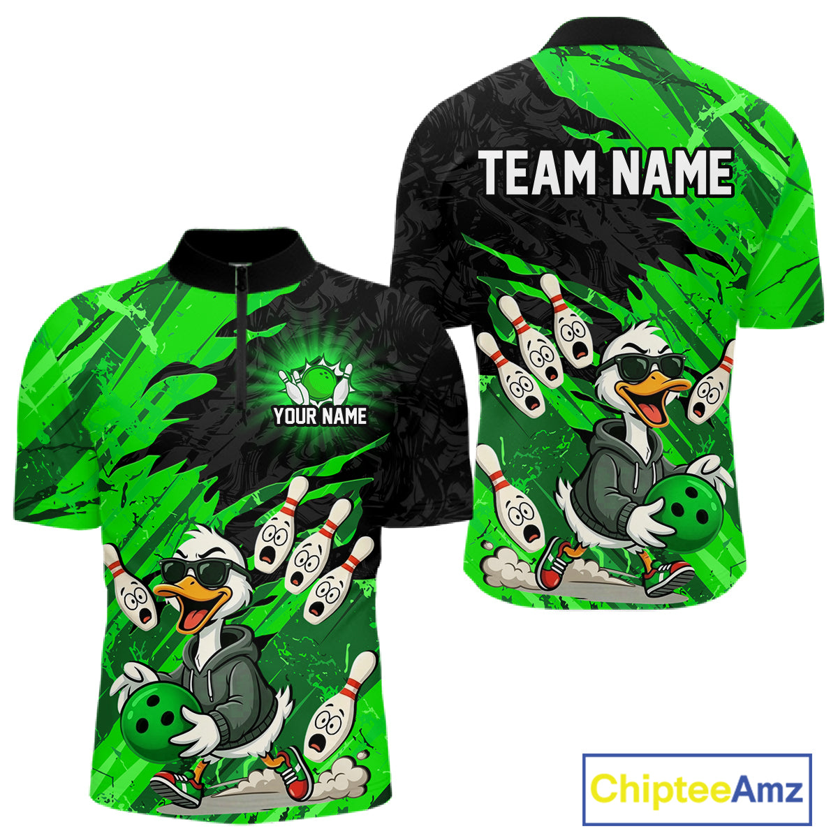 Green Funny Duck Bowling Shirt for Men Custom Bowling Team Jersey Bowling League Polo & Quarter-Zip QZT944