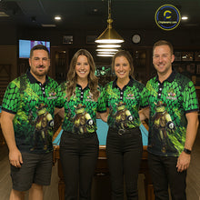 Load image into Gallery viewer, Four people wearing matching green and black shirts with a cartoon character in a bar setting.