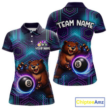 Load image into Gallery viewer, Polo shirt with bear and pool ball design, customizable text, and Chiptee Amz branding.