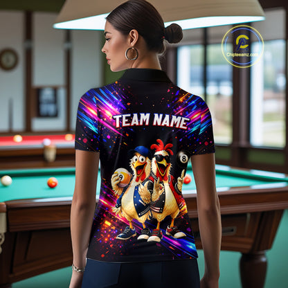 Custom Neon Funny Chicken Billiard Shirt for Women Colorful 8 Ball & 9 Ball Shirt Buddy Billiard Jersey BHT43