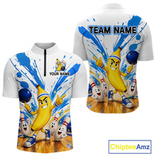 Load image into Gallery viewer, White bowling jersey with cartoon banana character design on a white background