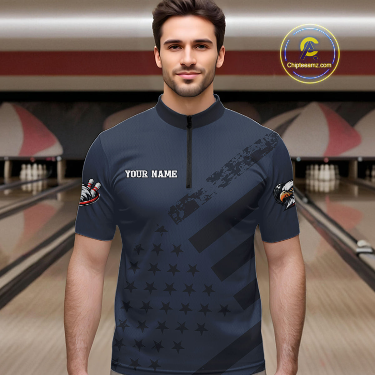 Custom American Flag Eagle Bowling Shirt for Men Polo & Quarter-Zip Bowling Team Jersey QZT953