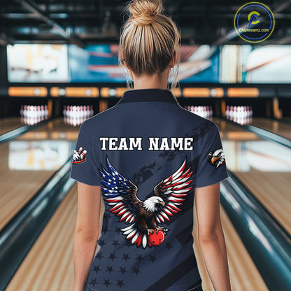 Custom American Flag Eagle Bowling Shirt for Women Polo & Quarter-Zip Bowling Team Jersey QZT953