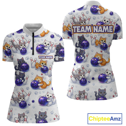 Custom Funny Cat Pattern Bowling Shirt Bowling Jersey League Polo & 1/4Zip Bowling Team for Women QZT951
