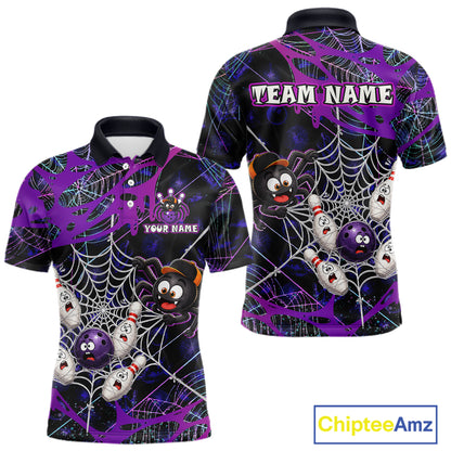 Custom purple funny spider bowling polo shirt, front and back views, bowling league jersey for men
