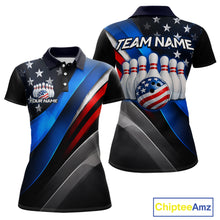 Load image into Gallery viewer, Custom American Flag bowling polo shirt, front and back views, bowling league jersey for women