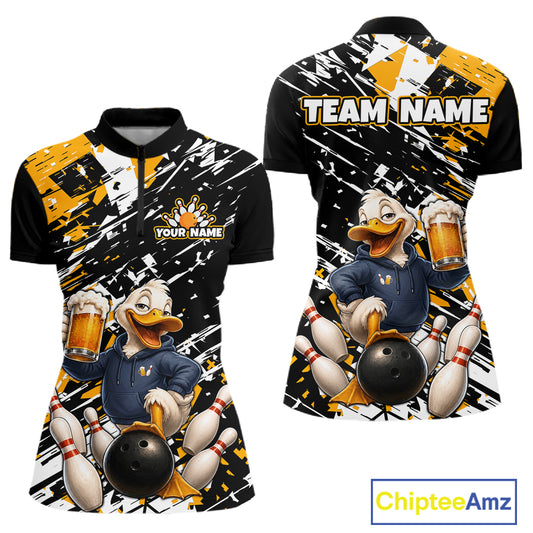 Front and back views of a custom bowling-themed polo shirt. The shirt features a black base with yellow and white paint splatter graphics, a cartoon duck character holding bowling pins and beer mugs, and customizable text areas reading 'TEAM NAME' and 'YOUR NAME'.