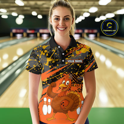 Orange Funny Turkey Bowling Team Shirt for Women Bowling Jersey Thanksgiving Bowling Outfit QZT776