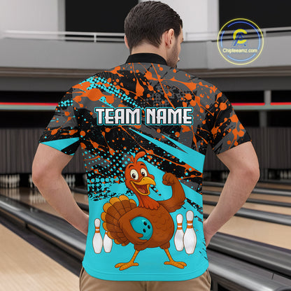 Turquoise Funny Turkey Bowling Team Shirt for Men Bowling Jersey Thanksgiving Bowling Outfit QZT776