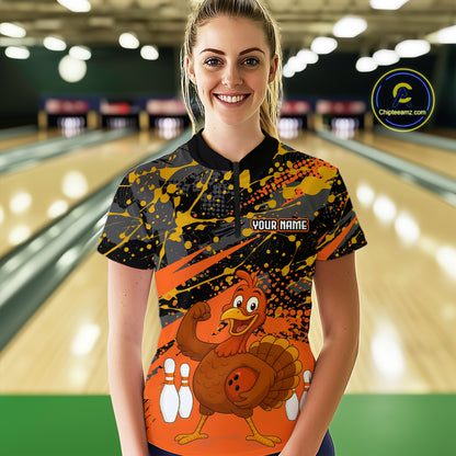 Orange Funny Turkey Bowling Team Shirt for Women Bowling Jersey Thanksgiving Bowling Outfit QZT776