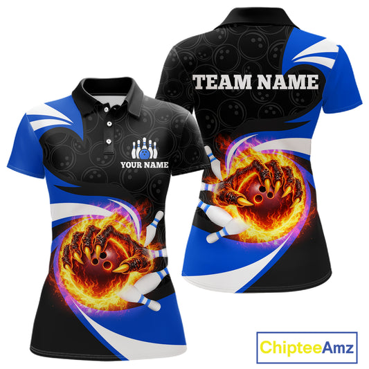 Personalized Blue Flame Demon Hand Bowling Shirt for Women Bowling Outfit Polo & Quarter-Zip Bowling Jersey QZT867