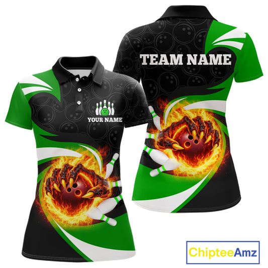 Personalized Green Flame Demon Hand Bowling Shirt for Women Bowling Outfit Polo & Quarter-Zip Bowling Jersey QZT867