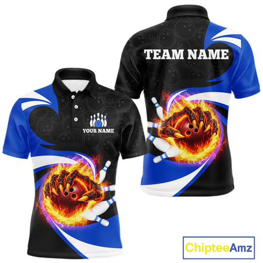Personalized Blue Flame Demon Hand Bowling Shirt for Men Bowling Outfit Polo & Quarter-Zip Bowling Jersey QZT867