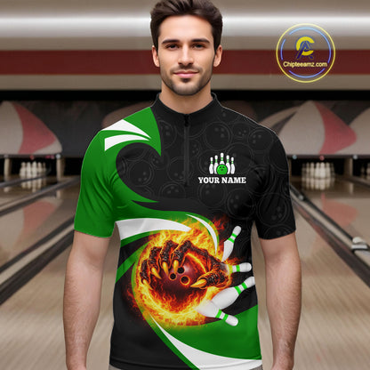 Personalized Green Flame Demon Hand Bowling Shirt for Men Bowling Outfit Polo & Quarter-Zip Bowling Jersey QZT867
