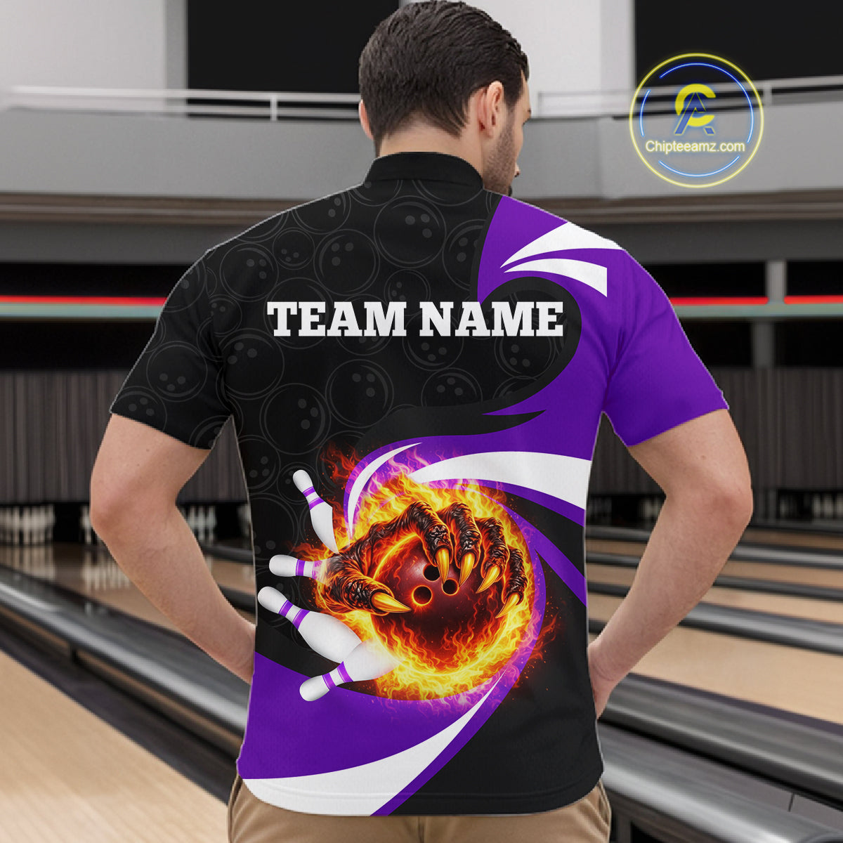 Personalized Purple Flame Demon Hand Bowling Shirt for Men Bowling Outfit Polo & Quarter-Zip Bowling Jersey QZT867