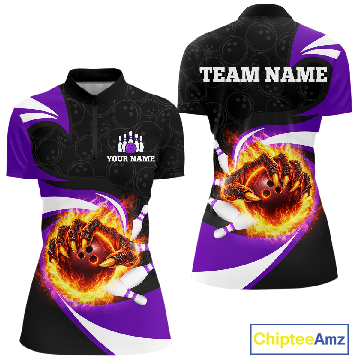 Personalized Purple Flame Demon Hand Bowling Shirt for Women Bowling Outfit Polo & Quarter-Zip Bowling Jersey QZT867