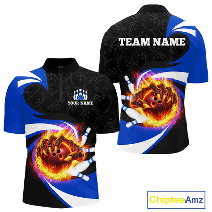 Personalized Blue Flame Demon Hand Bowling Shirt for Men Bowling Outfit Polo & Quarter-Zip Bowling Jersey QZT867