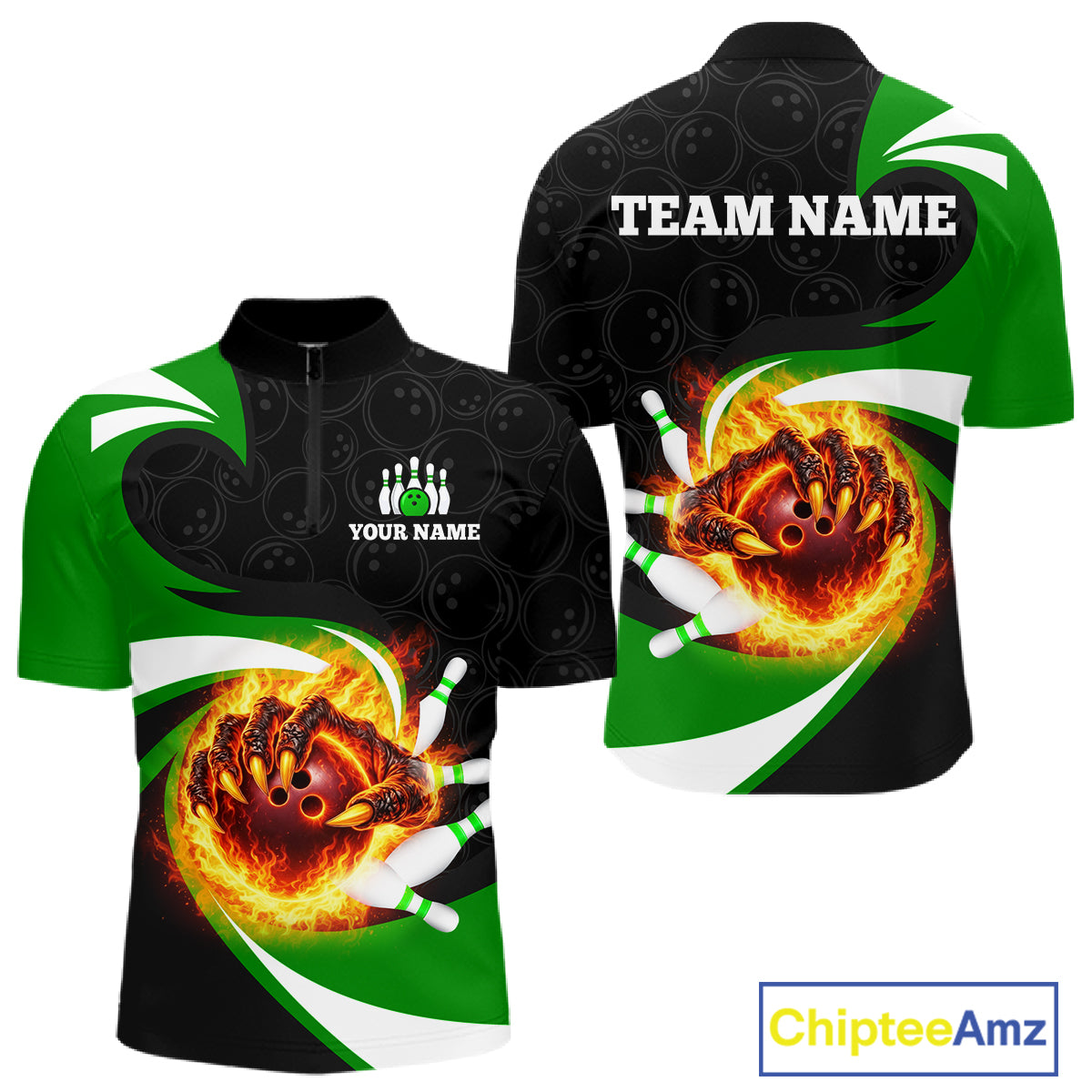 Personalized Green Flame Demon Hand Bowling Shirt for Men Bowling Outfit Polo & Quarter-Zip Bowling Jersey QZT867