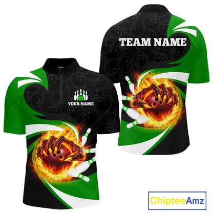 Personalized Green Flame Demon Hand Bowling Shirt for Men Bowling Outfit Polo & Quarter-Zip Bowling Jersey QZT867