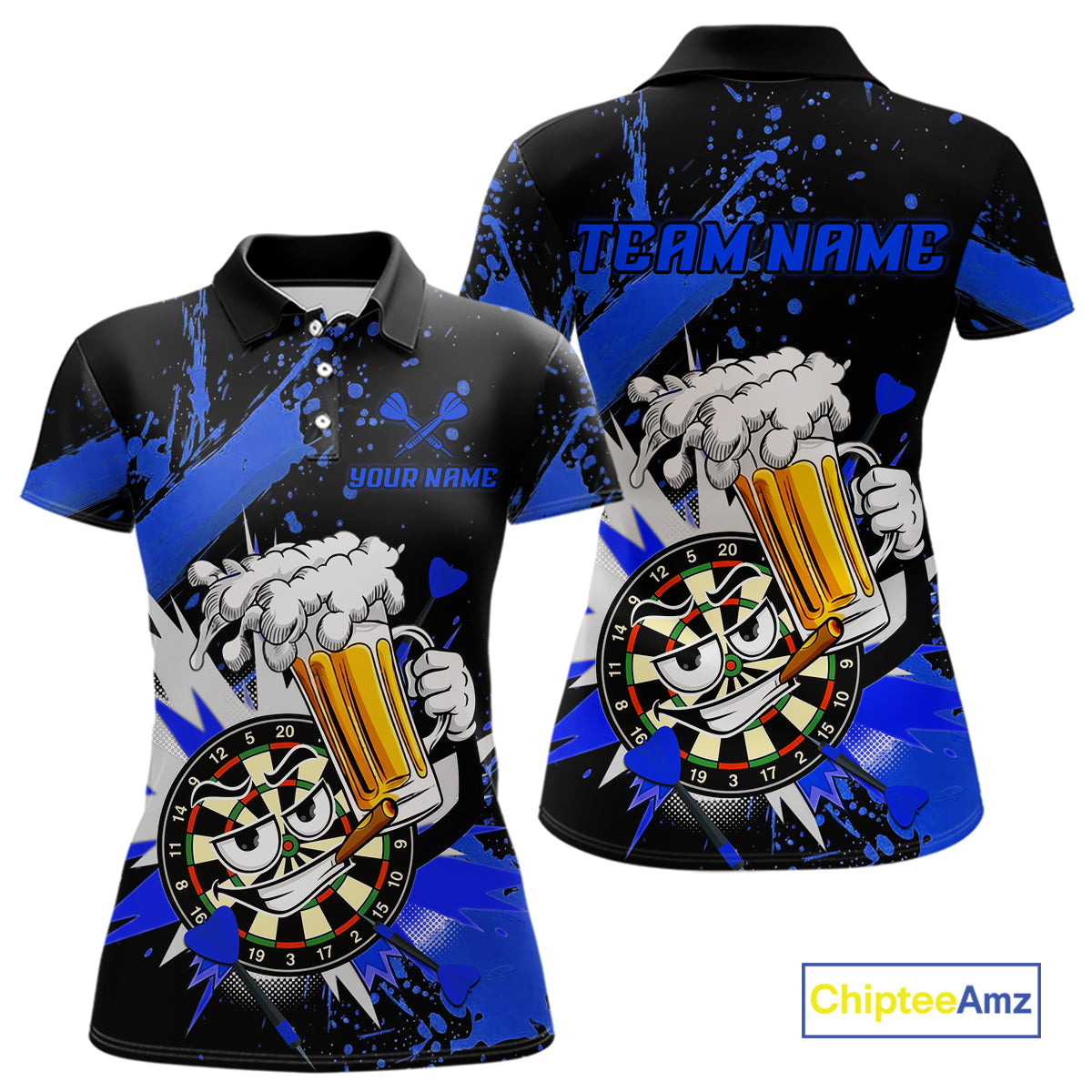 Custom short-sleeve polo shirt shown in front and back views on a white background. The shirt features a black base with bold blue paint splatters and a cartoon dartboard character holding a large mug of beer, with 'TEAM NAME' and 'YOUR NAME' text placeholders.