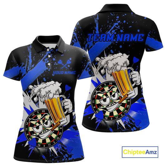 Custom short-sleeve polo shirt shown in front and back views on a white background. The shirt features a black base with bold blue paint splatters and a cartoon dartboard character holding a large mug of beer, with 'TEAM NAME' and 'YOUR NAME' text placeholders.