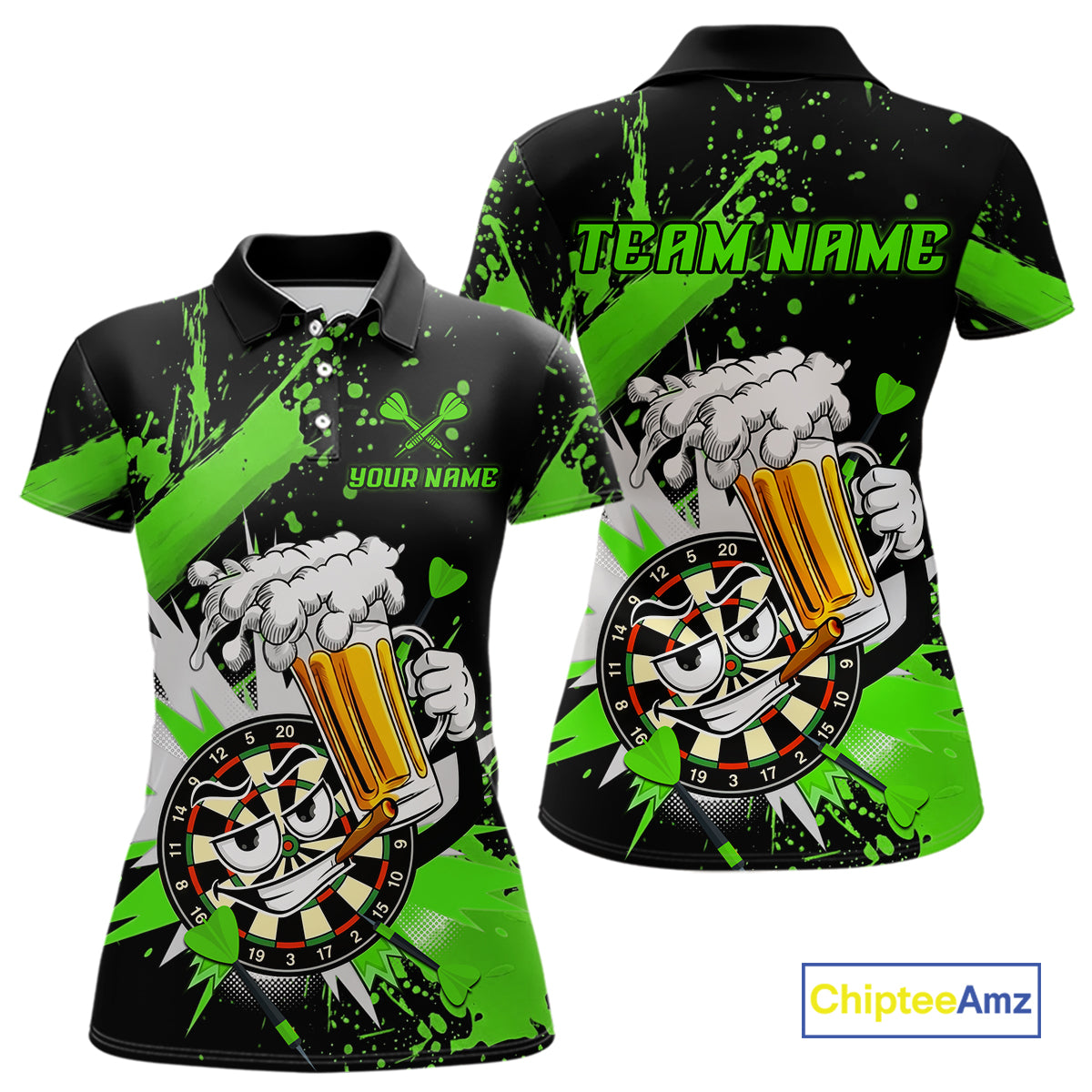 A custom short-sleeve polo shirt shown from both front and back views. The shirt features a black base with vibrant neon green paint splatters, a cartoon dartboard mascot holding a foaming beer mug, and customizable text areas reading 'YOUR NAME' on the front chest and 'TEAM.