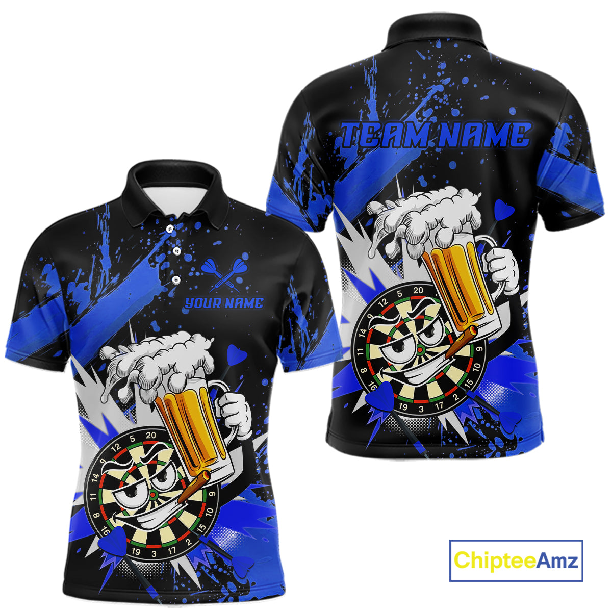 Custom short-sleeve polo shirt shown from the front and back on a white background. The shirt features a black base with vibrant blue paint splatters and a cartoon graphic of a hand holding a beer mug with a dart embedded in it.