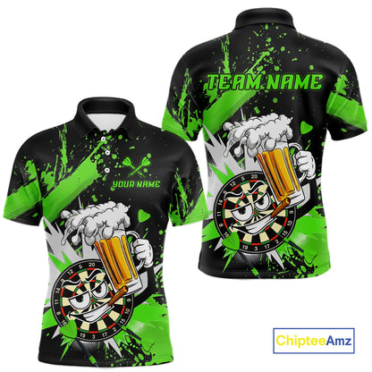 Custom short-sleeve polo shirt shown from the front and back on a white background. The shirt features a black base with vibrant green paint splatters, a cartoon dartboard character holding a beer mug, and customizable text placeholders 'TEAM NAME' and 'YOUR NAME'.