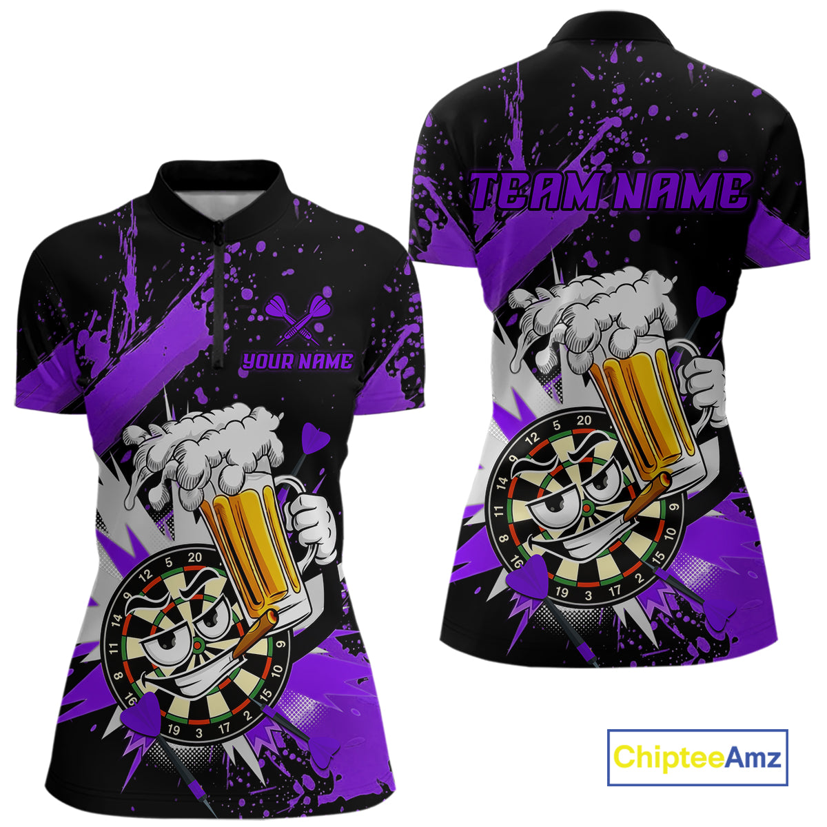 Front and back views of a women's short-sleeve quarter-zip jersey with a black and purple all-over graphic print featuring a cartoon dartboard character holding a beer mug, customizable text placeholders, and a ChipteeAmz logo in the bottom right corner.