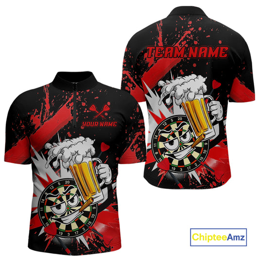 Front and back views of a black short-sleeve athletic jersey with a red, white, and gray graphic design featuring a cartoon dartboard face holding a beer mug, customizable text placeholders, and a ChipteeAmz logo in the bottom right corner.