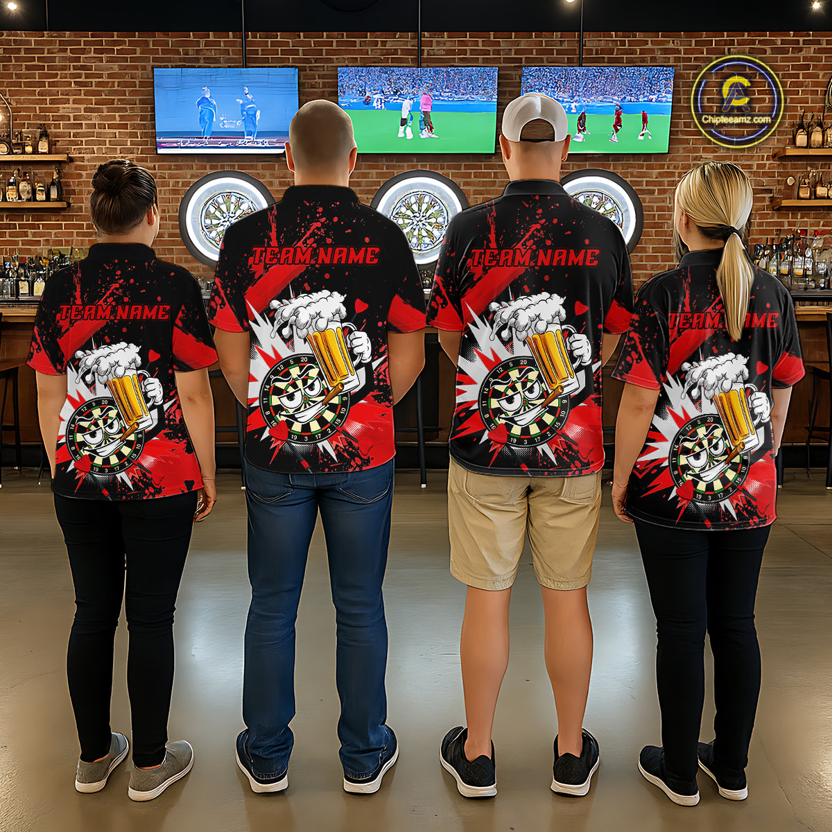Four people standing with their backs to the camera in a bar, wearing matching black short-sleeve shirts with a large red, white, and yellow beer-themed graphic on the back and 'TEAM NAME' text across the shoulders.