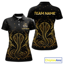 Load image into Gallery viewer, Custom black &amp; gold cobra bowling polo shirt, front and back views, bowling league jersey for women