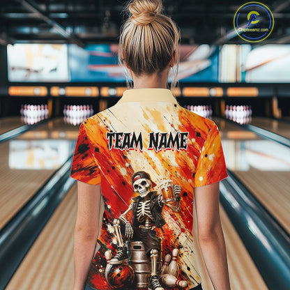 Woman wearing custom orange skeleton & beer bowling polo shirt, back view mockup, personalized bowling league jersey.