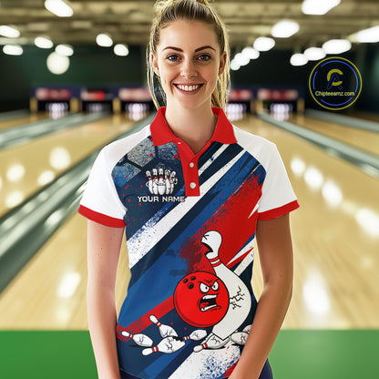Red Blue & White Crazy Bowling Ball Pin Women Bowling Team Shirt Bowling League Jersey QZT814