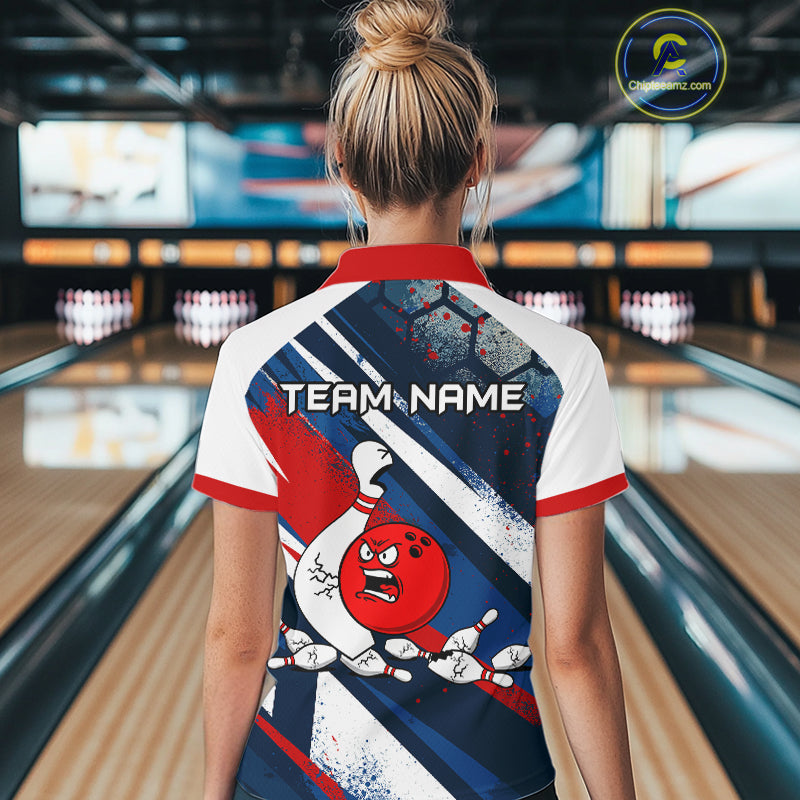 Red Blue & White Crazy Bowling Ball Pin Women Bowling Team Shirt Bowling League Jersey QZT814