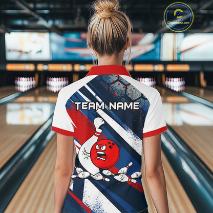 Red Blue & White Crazy Bowling Ball Pin Women Bowling Team Shirt Bowling League Jersey QZT814
