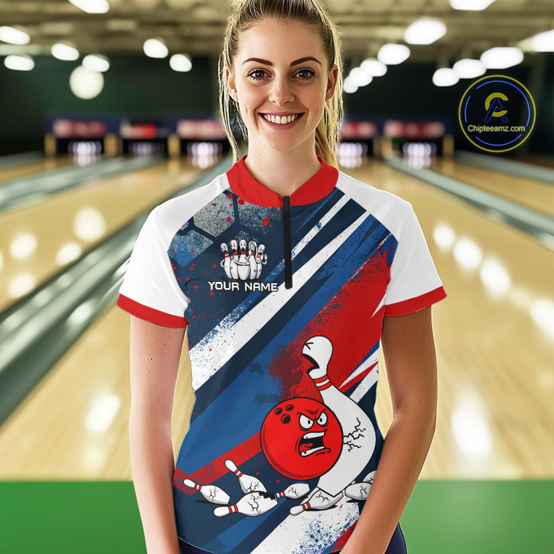Red Blue & White Crazy Bowling Ball Pin Women Bowling Team Shirt Bowling League Jersey QZT814