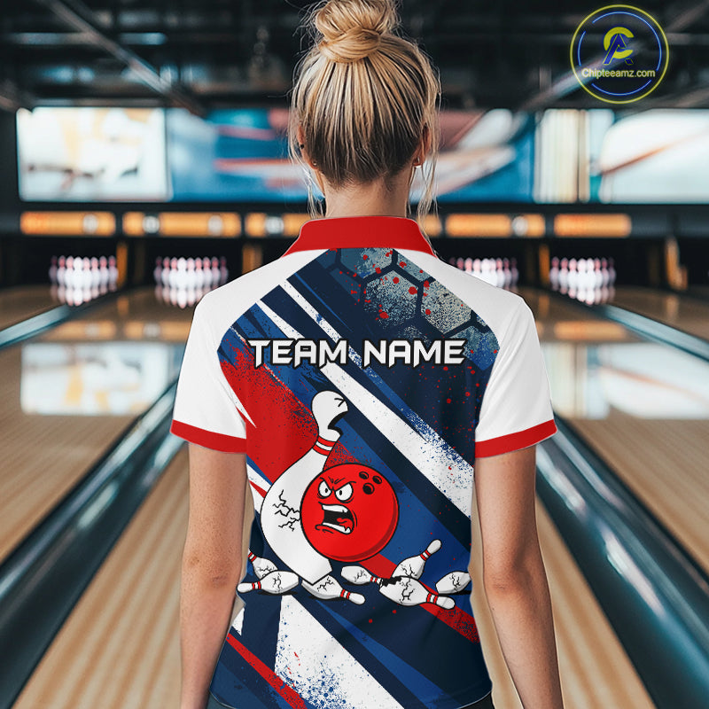 Red Blue & White Crazy Bowling Ball Pin Women Bowling Team Shirt Bowling League Jersey QZT814