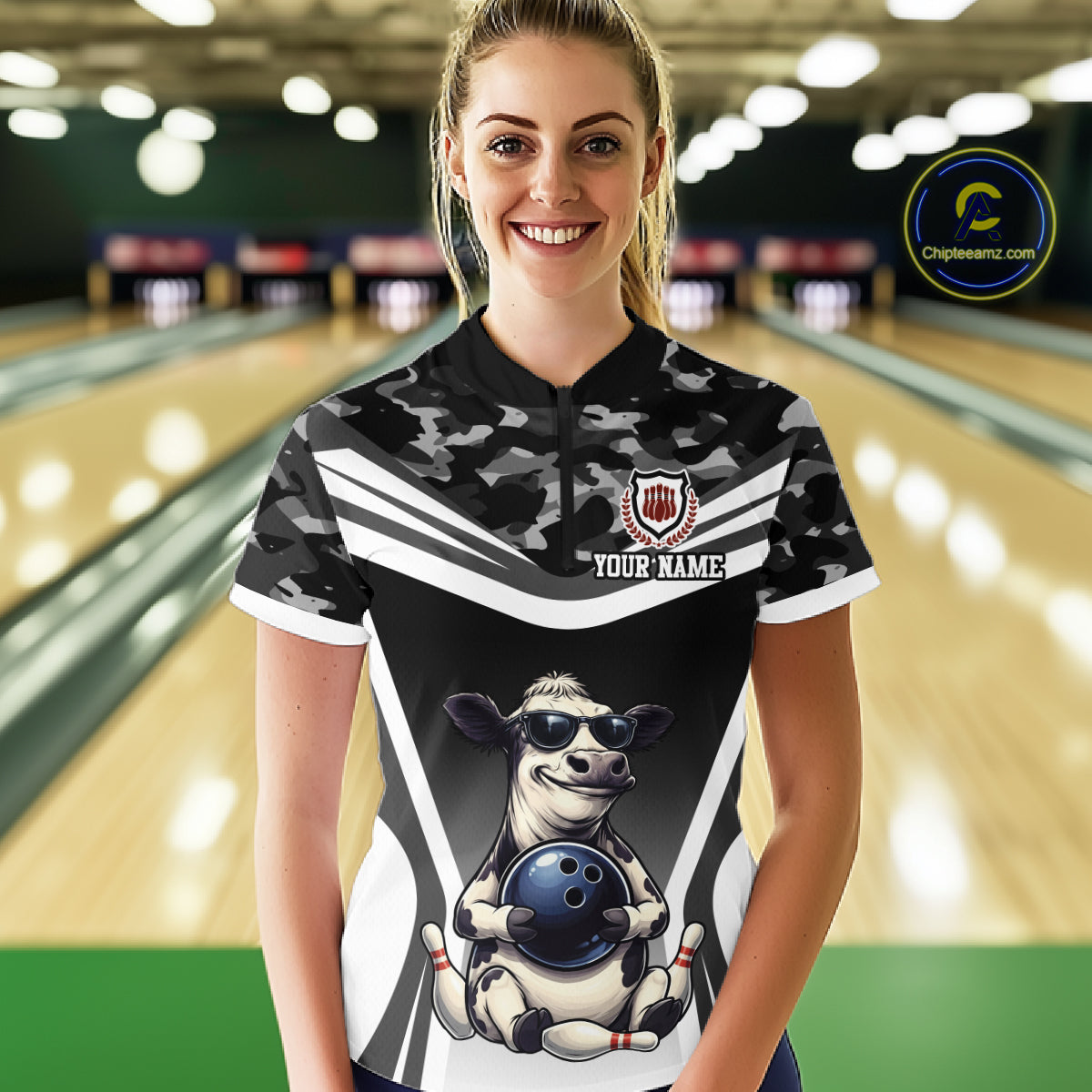 Custom Funny Cow Bowling Shirt for Women Camo Bowling League Jersey Polo & Quarter-Zip QZT871
