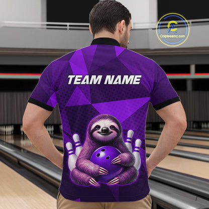 Purple Funny Sloth Bowling Shirt for Men Custom Bowling Jersey Polo & Quarter-Zip Bowling Outfit QZT995