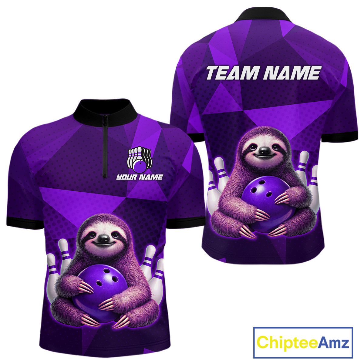 Purple Funny Sloth Bowling Shirt for Men Custom Bowling Jersey Polo & Quarter-Zip Bowling Outfit QZT995