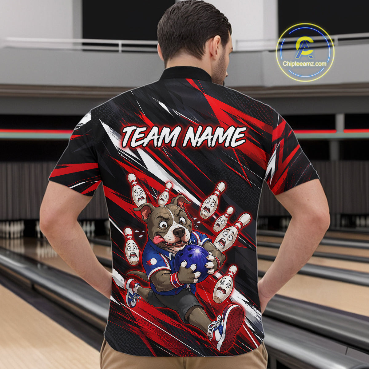 Man wearing custom red pit bull bowling 1/4 zip shirt, back view mockup, personalized bowling league jersey.