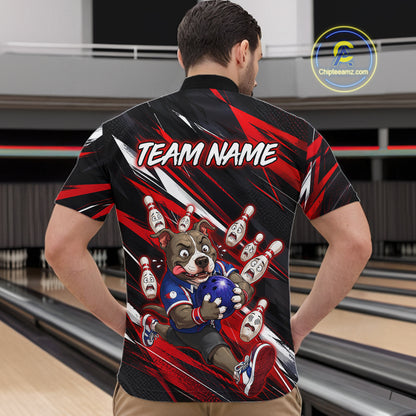Man wearing custom red pit bull bowling 1/4 zip shirt, back view mockup, personalized bowling league jersey.