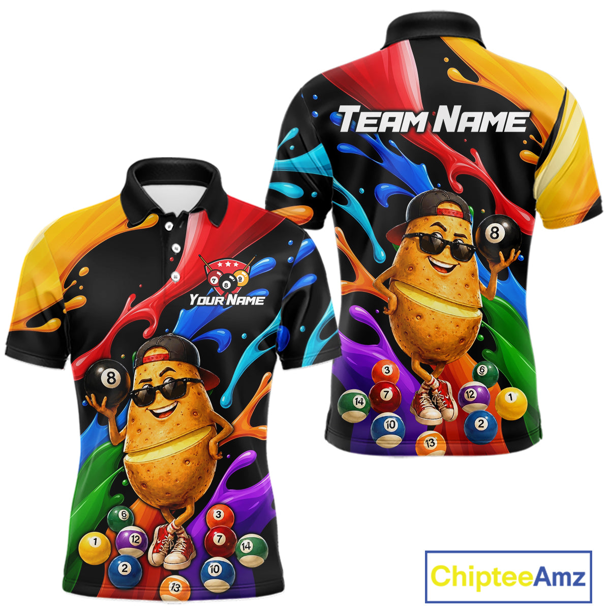 Colorful polo shirt with a potato character and billiard balls design, featuring 'Team Name' and 'Your Name' text.