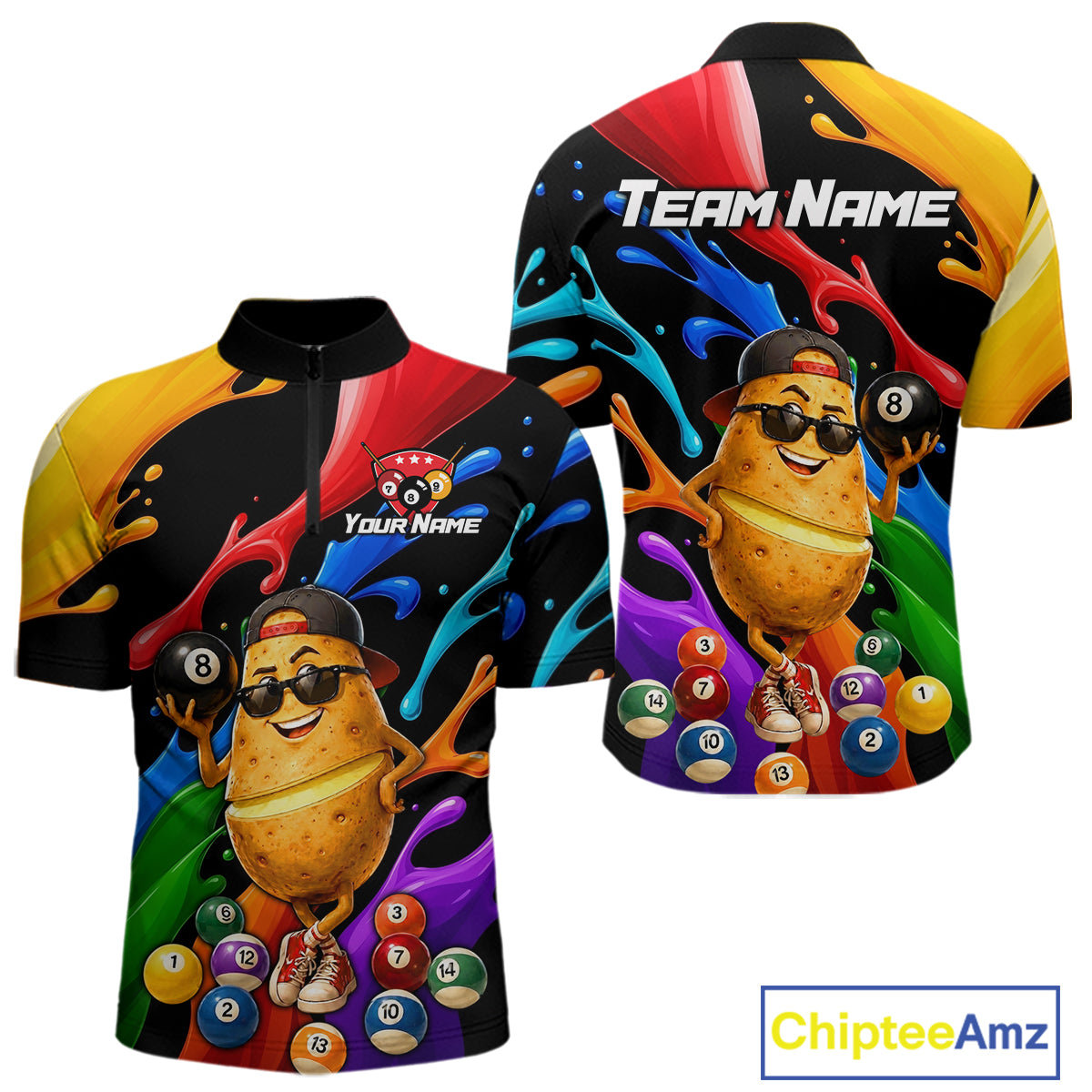 Colorful quarter-zip jersey with a potato character and billiard balls, featuring 'Team Name' and 'Your Name' text.