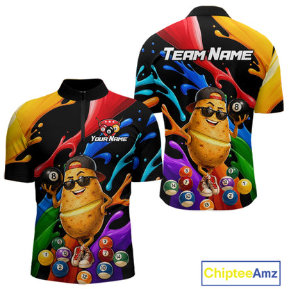 Colorful quarter-zip jersey with a potato character and billiard balls, featuring 'Team Name' and 'Your Name' text.