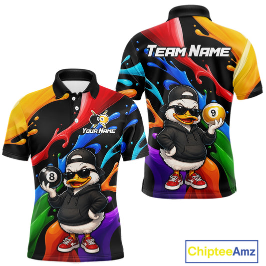 Front and back views of a custom printed short-sleeve polo shirt featuring a cartoon duck character in a black hoodie and sunglasses, with colorful paint splatter graphics and customizable text areas on a white background.